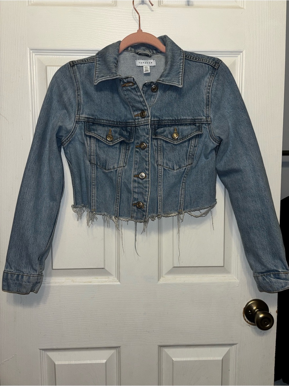 Topshop Light Blue Distressed Cropped Denim Jacket